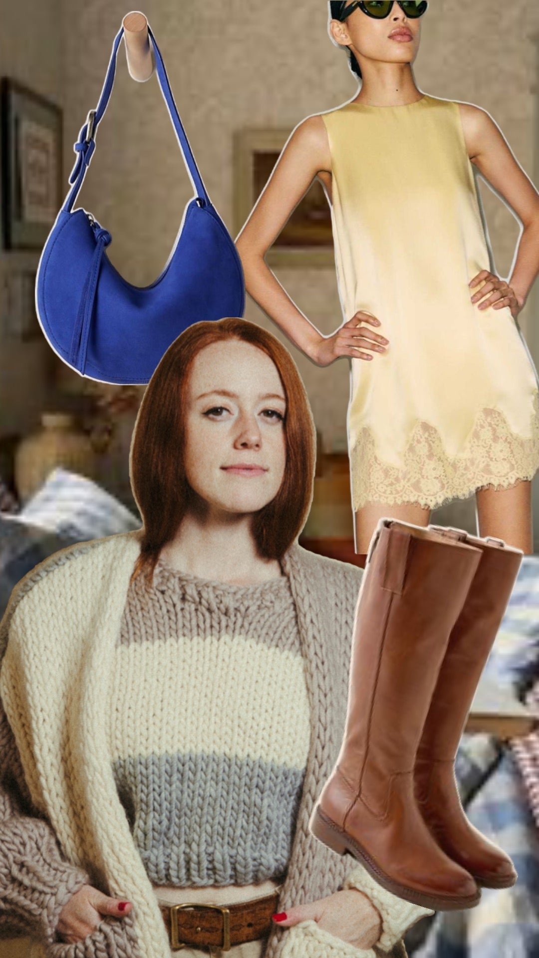 a collage with handknit cardigan, blue bag, slip dress, and knee-high brown leather boots